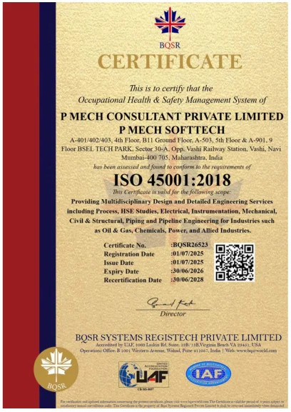 This is certify that the Environmental Management System of
                PMECH CONSULTANT PVT. LTD. PMECH SOFTECH has been assessed and
                found to conform to the requirments of ISO 45001:2018.